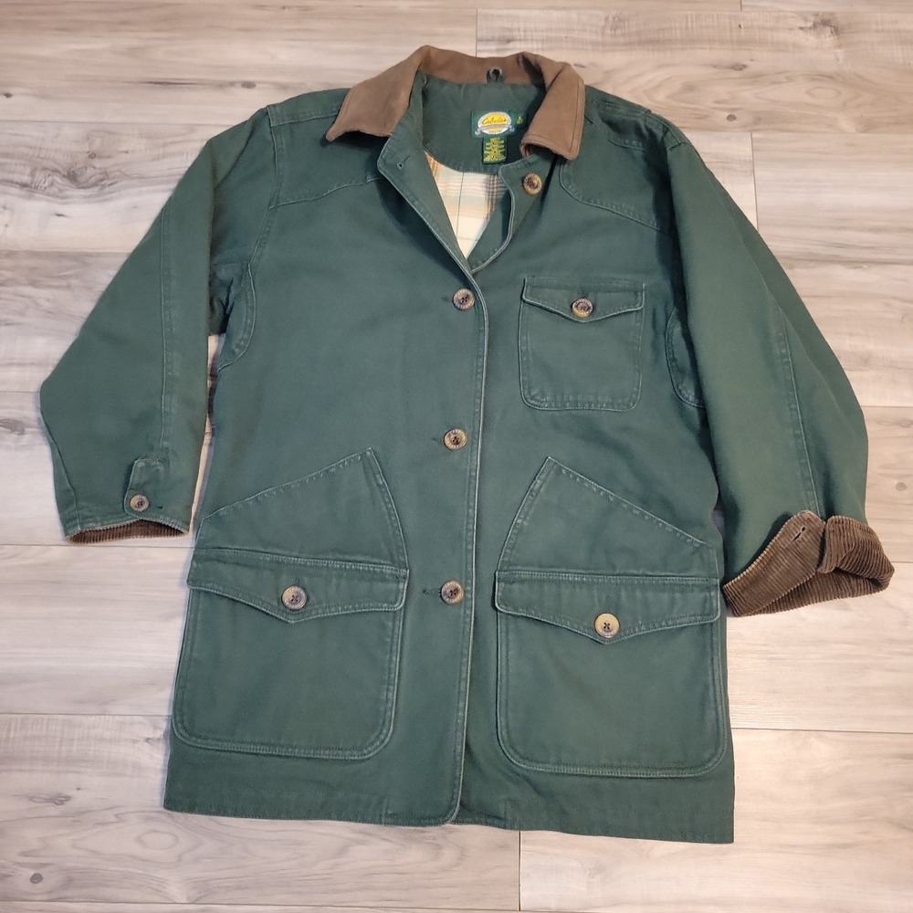 Cabelas Barn Chore Coat Jacket Womens Small Green Canvas Lined Leather Collar